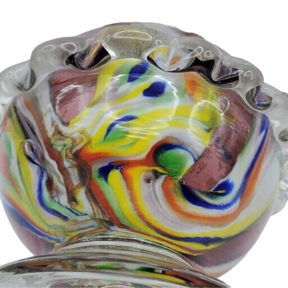 Art Glass Vase Hand Blown Applied Ruffled Edge Lead Crystal Mottled Multicolor - Picture 10 of 10